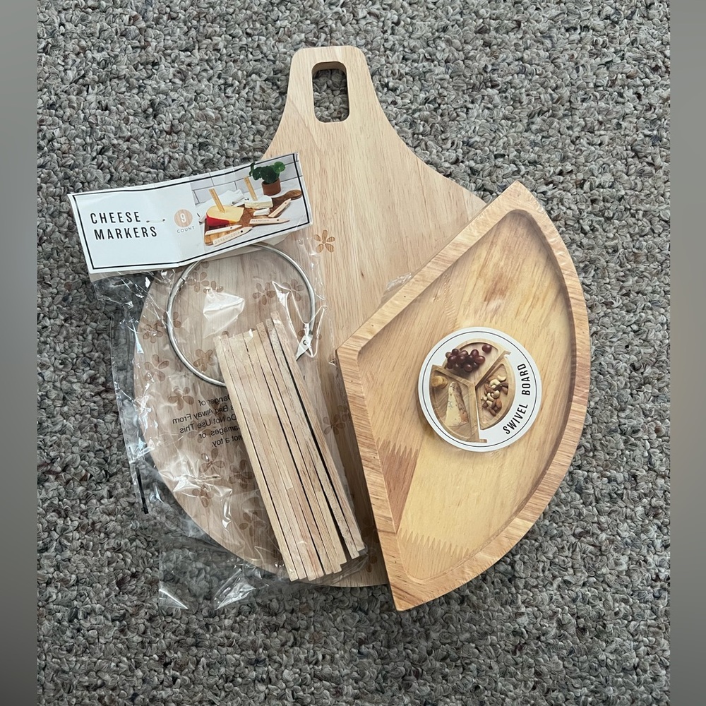 Wooden Swivel Board, Wooden Cheese Markers, & a Wooden Floral Charcuterie Board